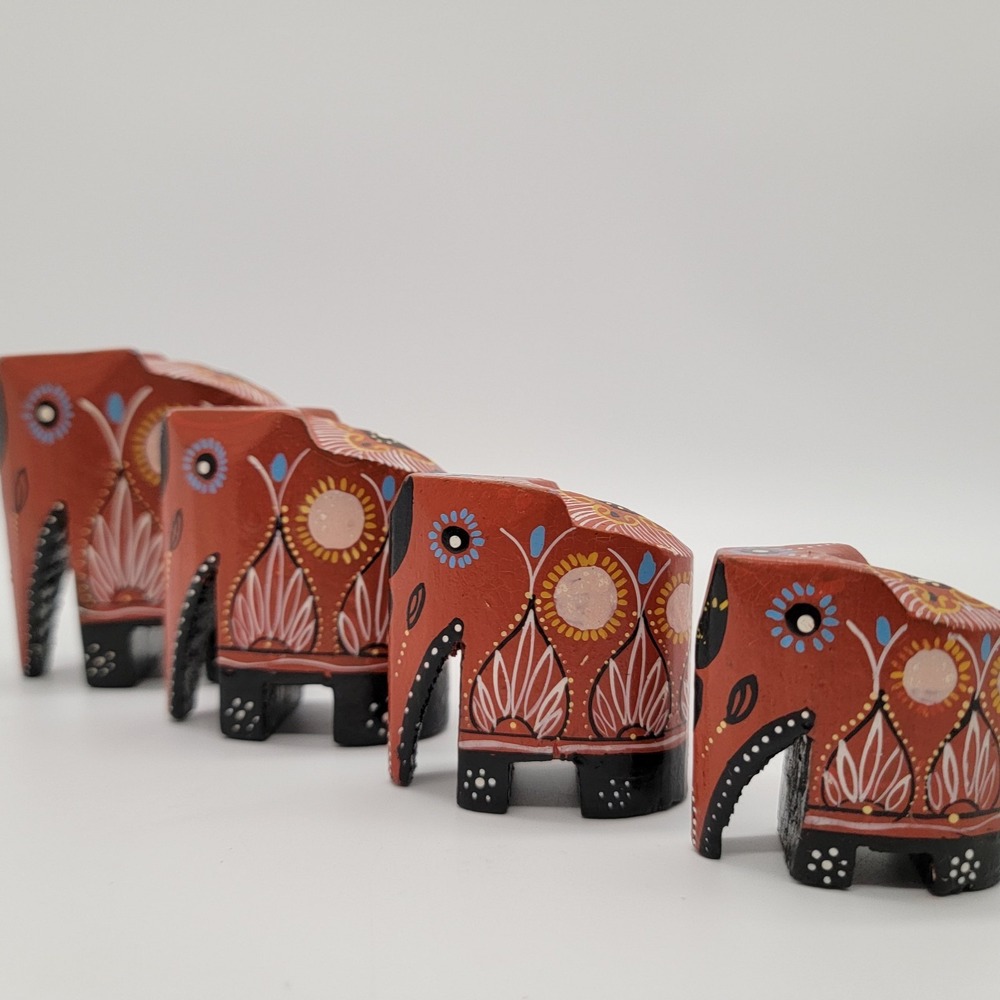 Elephant Hand Painted Carved Wood Folk Art Burnt Orange Black Sri Lanka Set of 4